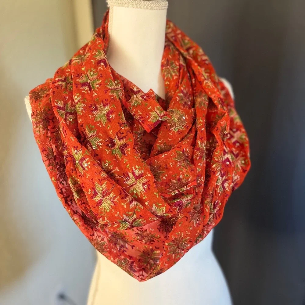 Raj Embroidered Sequin Infinity Scarf One Size Orange 100%‎ Silk Floral Bohemian